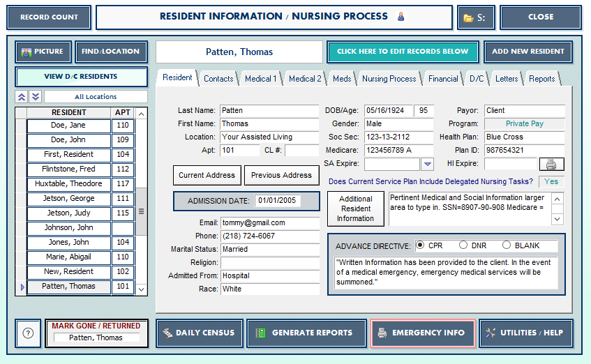 Portrayal of the resident information page within the PALs Platinum software program.