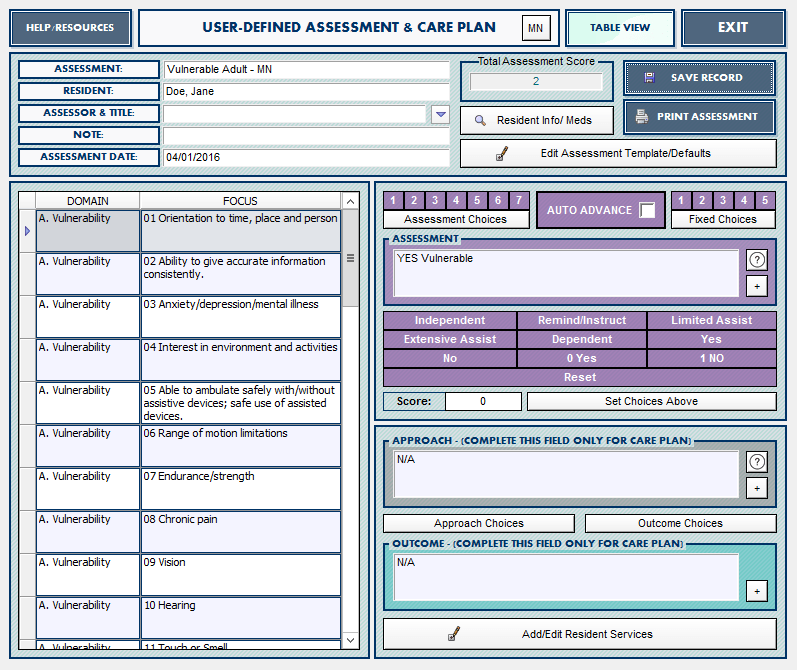 Portrayal of the resident assessment area utilized within the PALs Platinum software package.