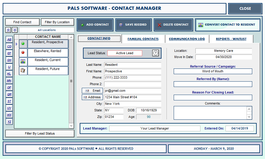 Portrayal of the contact manager capabilities found within the PALs Platinum assisted living software suite.